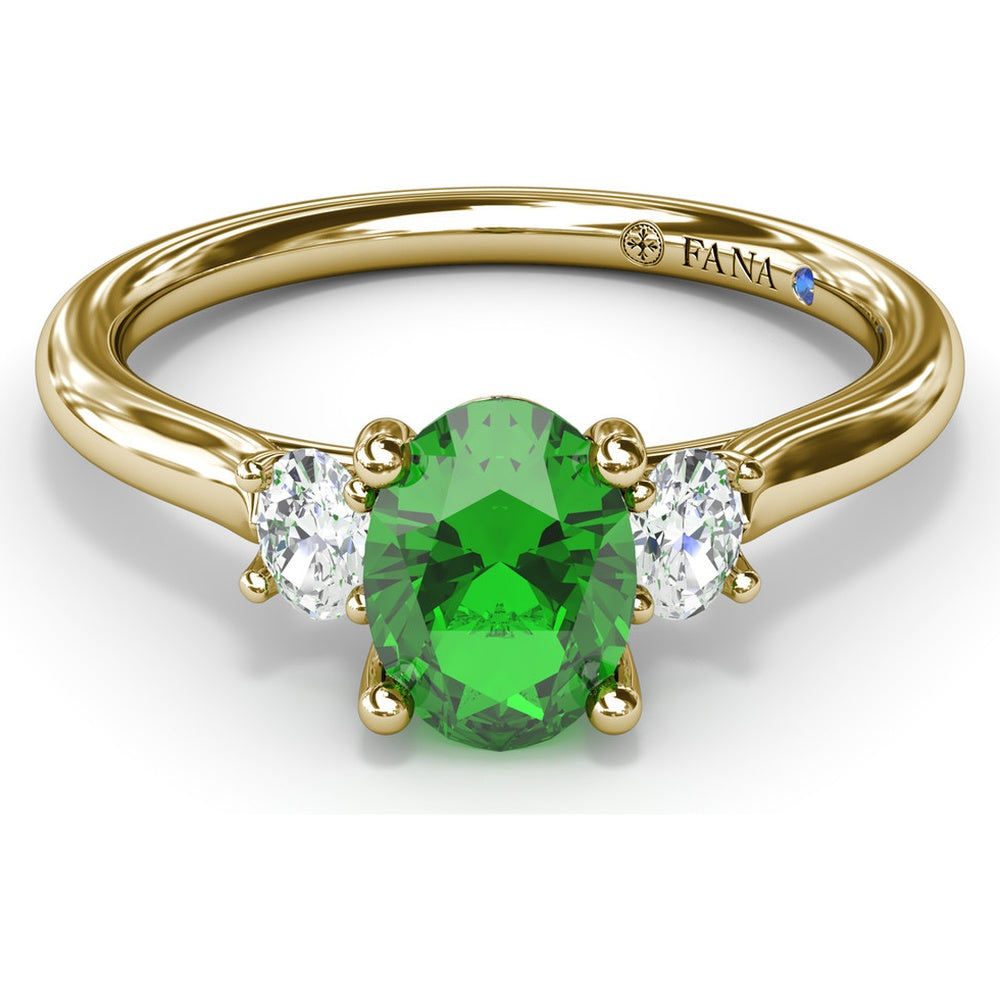 Three Stone Ring with Oval Emerald and Oval Diamond Accents by Fana - 1.11 Carat Total Gemstone Weight