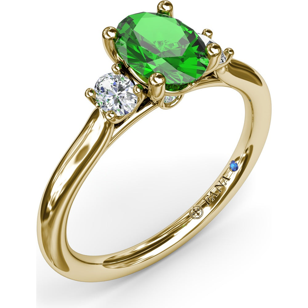 Three Stone Ring with Oval Emerald and Oval Diamond Accents by Fana - 1.11 Carat Total Gemstone Weight