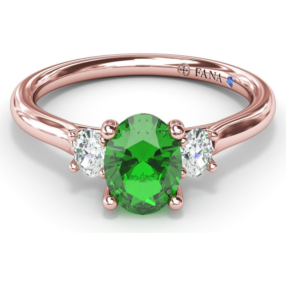 Three Stone Ring with Oval Emerald and Oval Diamond Accents by Fana - 1.11 Carat Total Gemstone Weight
