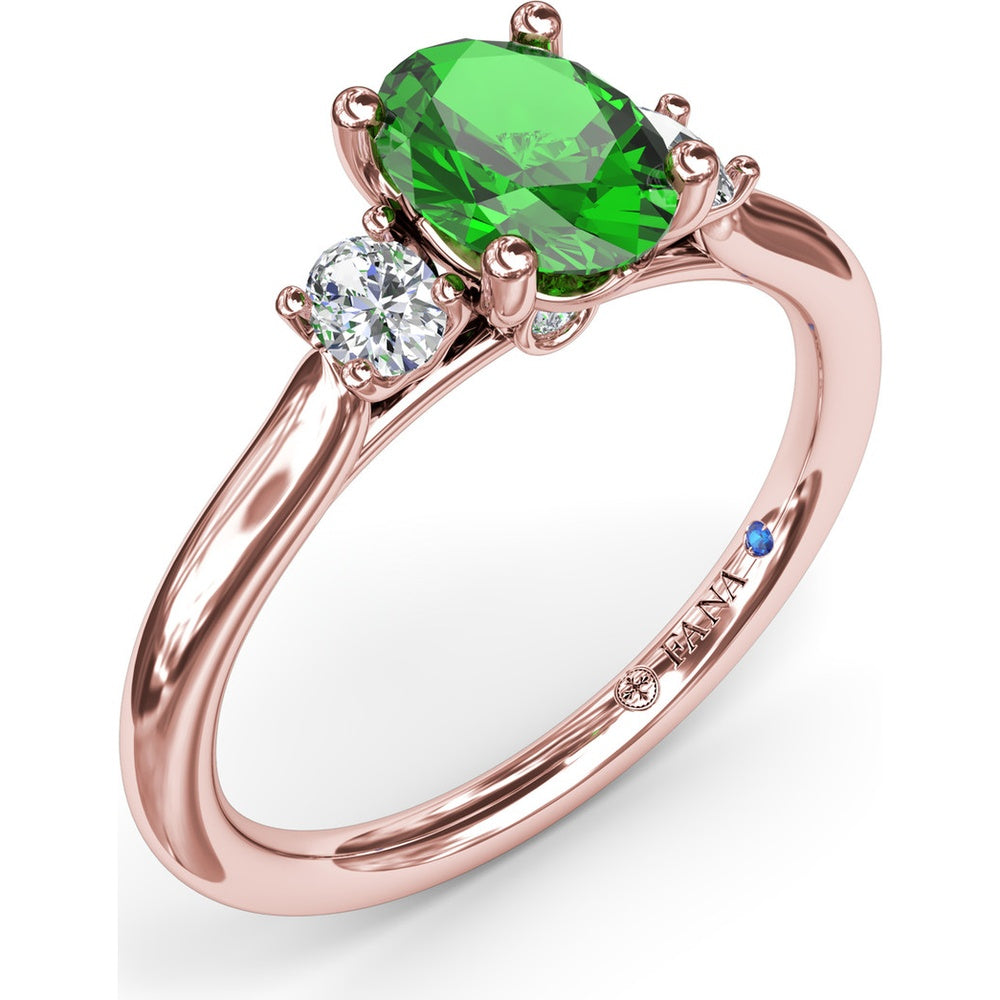 Three Stone Ring with Oval Emerald and Oval Diamond Accents by Fana - 1.11 Carat Total Gemstone Weight