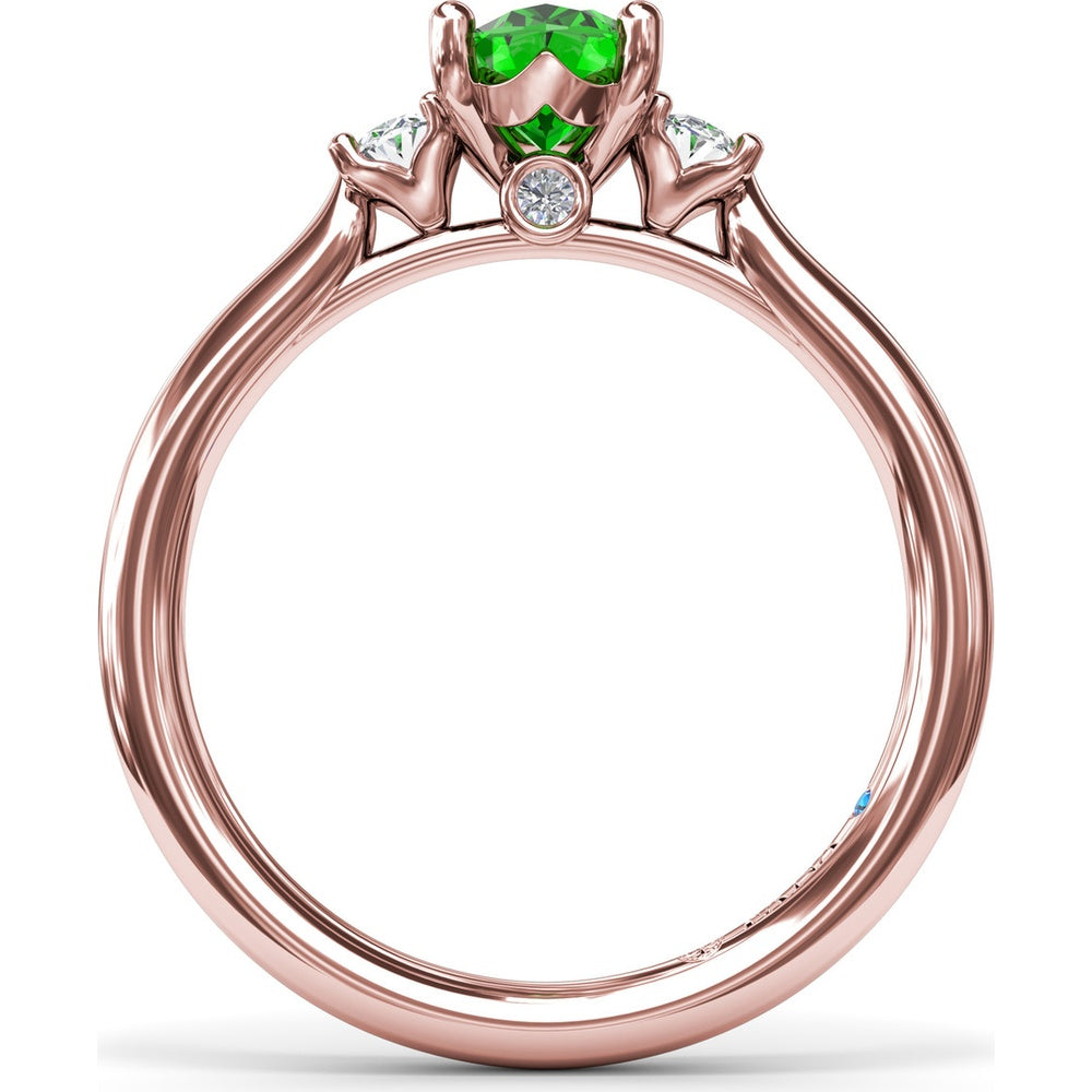 Three Stone Ring with Oval Emerald and Oval Diamond Accents by Fana - 1.11 Carat Total Gemstone Weight