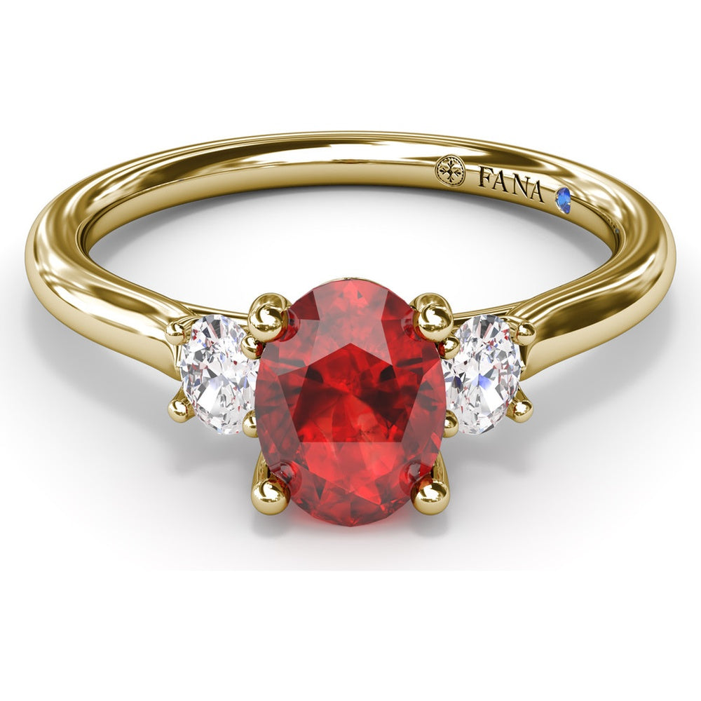 Three Stone Ring with Oval Ruby and Diamond Side Stones by Fana - 1.31 Carat Total Gemstone Weight