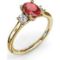 Three Stone Ring with Oval Ruby and Diamond Side Stones by Fana - 1.31 Carat Total Gemstone Weight