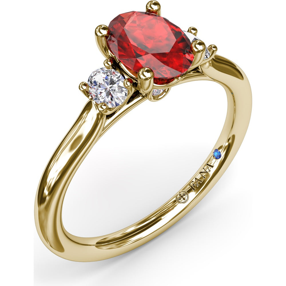 Three Stone Ring with Oval Ruby and Diamond Side Stones by Fana - 1.31 Carat Total Gemstone Weight
