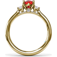 Three Stone Ring with Oval Ruby and Diamond Side Stones by Fana - 1.31 Carat Total Gemstone Weight
