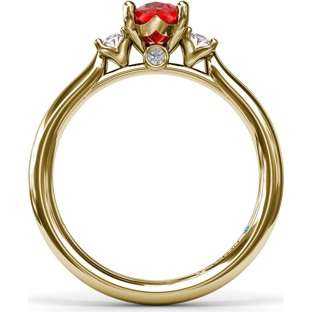 Three Stone Ring with Oval Ruby and Diamond Side Stones by Fana - 1.31 Carat Total Gemstone Weight