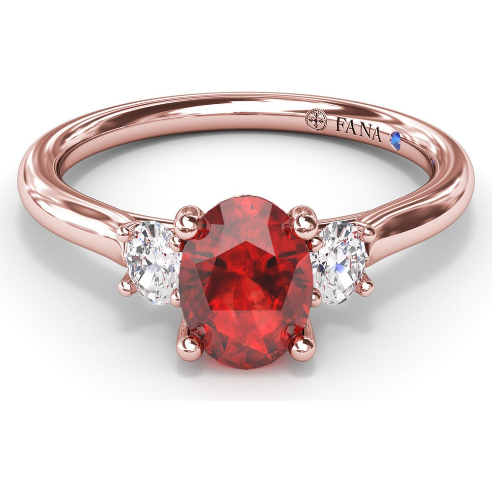 Three Stone Ring with Oval Ruby and Diamond Side Stones by Fana - 1.31 Carat Total Gemstone Weight