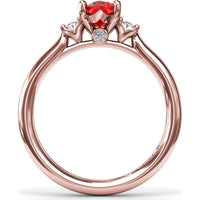 Three Stone Ring with Oval Ruby and Diamond Side Stones by Fana - 1.31 Carat Total Gemstone Weight