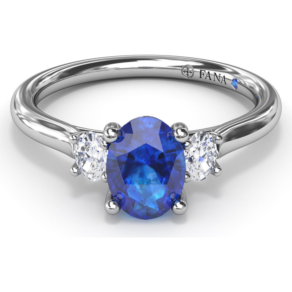 Three Stone Ring with Oval Sapphire and Oval Diamond Accents by Fana - 1.44 Carat Total Gemstone Weight