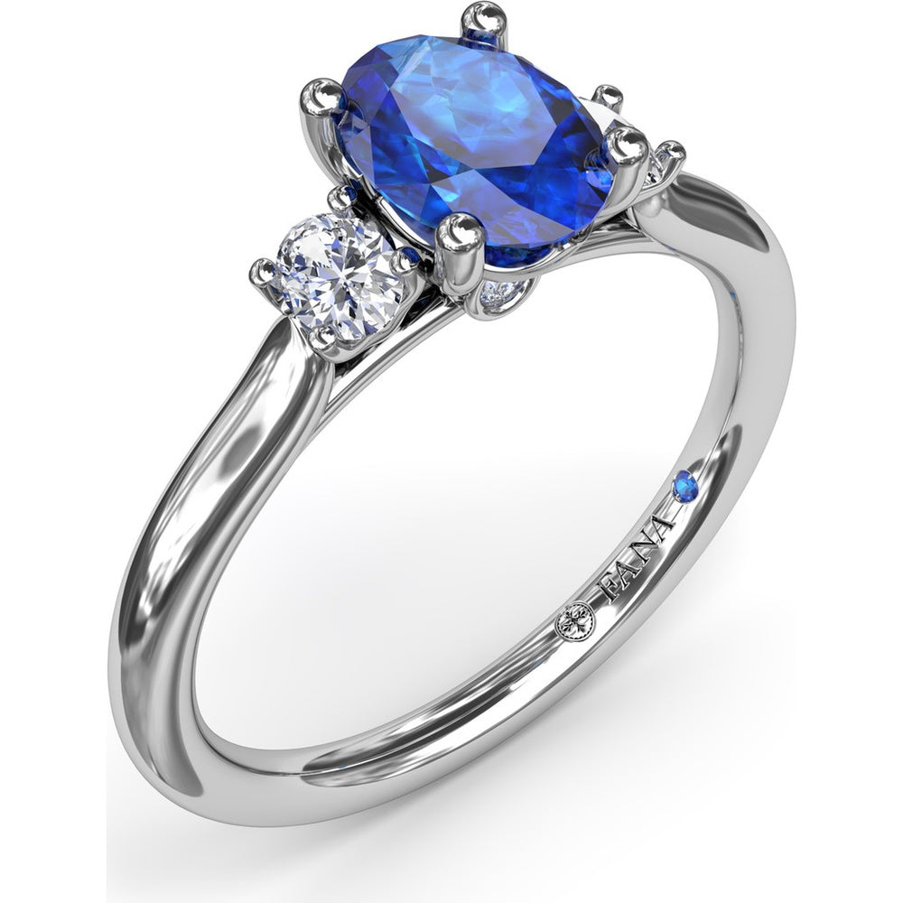 Three Stone Ring with Oval Sapphire and Oval Diamond Accents by Fana - 1.44 Carat Total Gemstone Weight