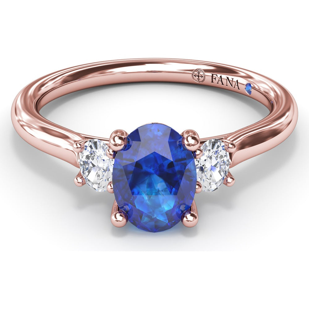 Three Stone Ring with Oval Sapphire and Oval Diamond Accents by Fana - 1.44 Carat Total Gemstone Weight