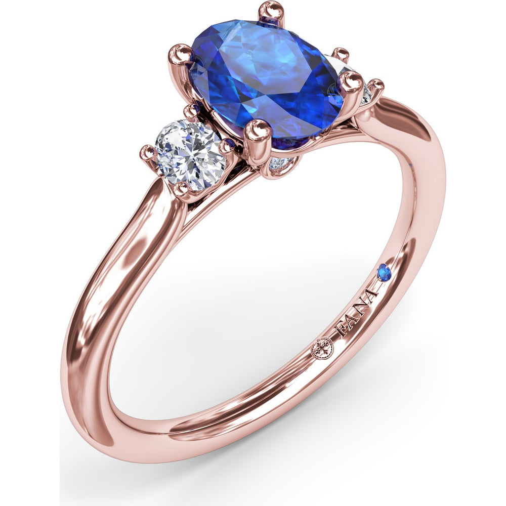 Three Stone Ring with Oval Sapphire and Oval Diamond Accents by Fana - 1.44 Carat Total Gemstone Weight