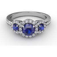 Three Stone Ring with Round Blue Sapphires and Diamond Halos by Fana - 1.36 Carat Total Gemstone Weight
