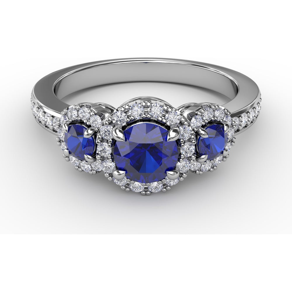 Three Stone Ring with Round Blue Sapphires and Diamond Halos by Fana - 1.36 Carat Total Gemstone Weight