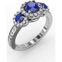Three Stone Ring with Round Blue Sapphires and Diamond Halos by Fana - 1.36 Carat Total Gemstone Weight