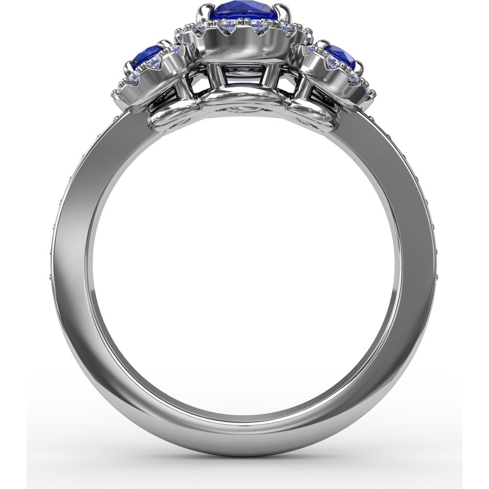 Three Stone Ring with Round Blue Sapphires and Diamond Halos by Fana - 1.36 Carat Total Gemstone Weight