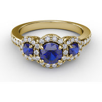 Three Stone Ring with Round Blue Sapphires and Diamond Halos by Fana - 1.36 Carat Total Gemstone Weight