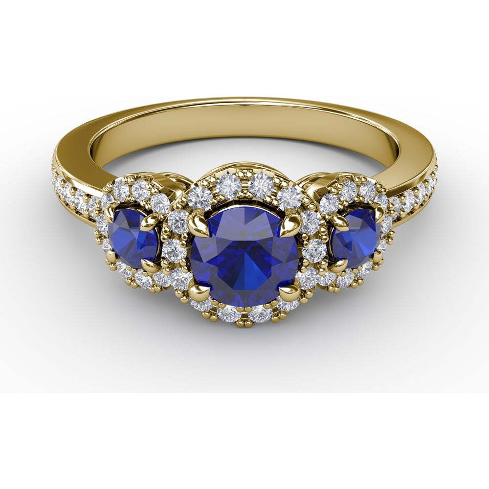 Three Stone Ring with Round Blue Sapphires and Diamond Halos by Fana - 1.36 Carat Total Gemstone Weight