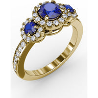 Three Stone Ring with Round Blue Sapphires and Diamond Halos by Fana - 1.36 Carat Total Gemstone Weight