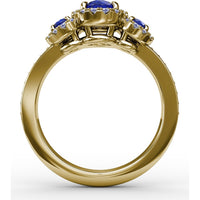 Three Stone Ring with Round Blue Sapphires and Diamond Halos by Fana - 1.36 Carat Total Gemstone Weight