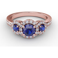Three Stone Ring with Round Blue Sapphires and Diamond Halos by Fana - 1.36 Carat Total Gemstone Weight