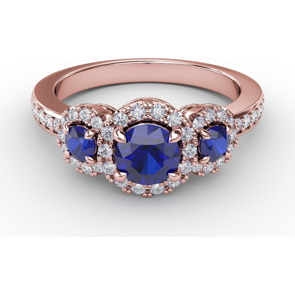 Three Stone Ring with Round Blue Sapphires and Diamond Halos by Fana - 1.36 Carat Total Gemstone Weight