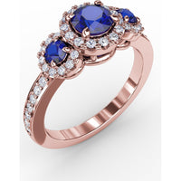 Three Stone Ring with Round Blue Sapphires and Diamond Halos by Fana - 1.36 Carat Total Gemstone Weight