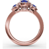Three Stone Ring with Round Blue Sapphires and Diamond Halos by Fana - 1.36 Carat Total Gemstone Weight