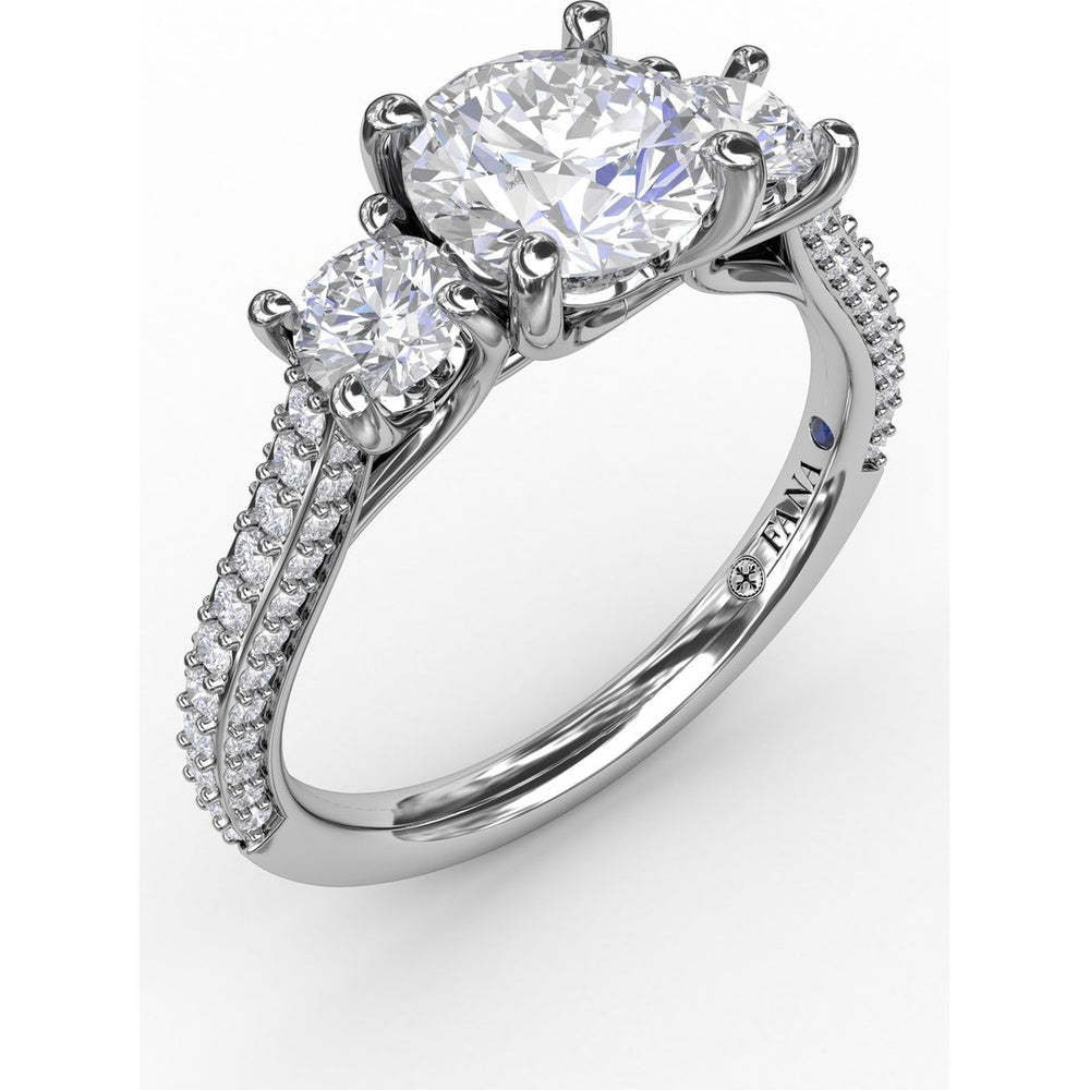 Three-Stone Round Diamond Engagement Ring Setting with Pavé Band - 0.73 Carat Total Side Stone Weight by Fana
