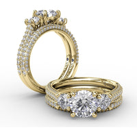 Three-Stone Round Diamond Engagement Ring Setting with Pavé Band - 0.73 Carat Total Side Stone Weight by Fana