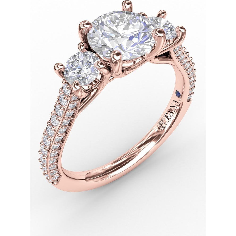 Three-Stone Round Diamond Engagement Ring Setting with Pavé Band - 0.73 Carat Total Side Stone Weight by Fana