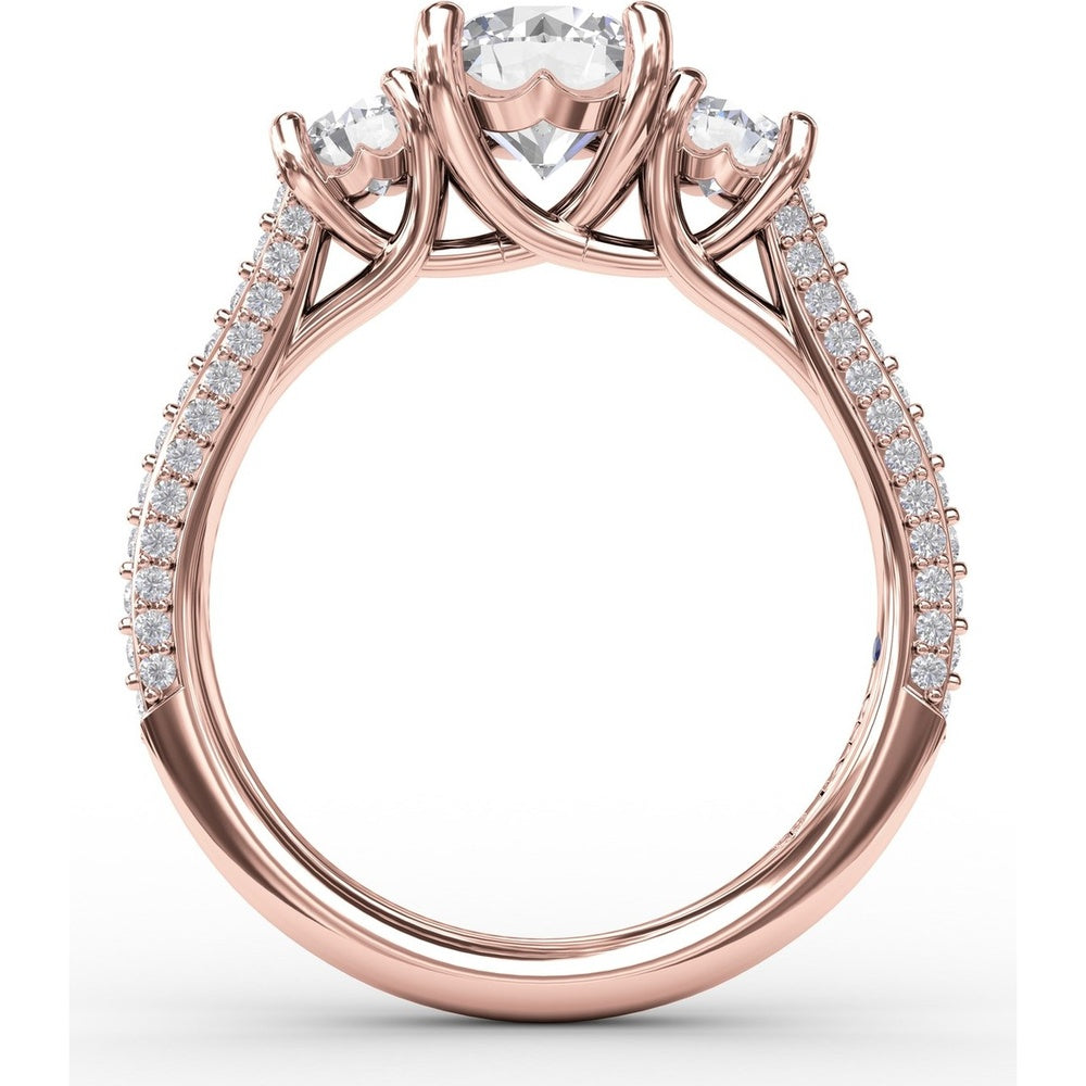 Three-Stone Round Diamond Engagement Ring Setting with Pavé Band - 0.73 Carat Total Side Stone Weight by Fana
