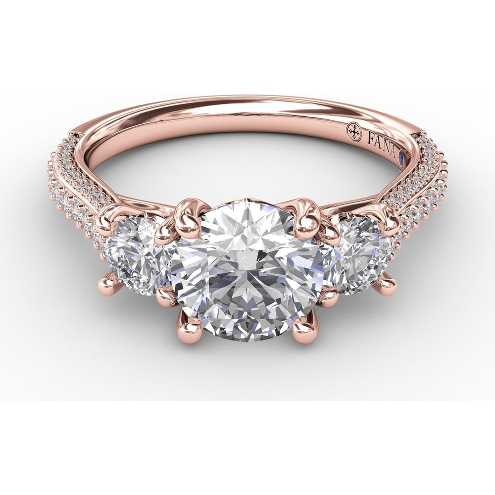 Three-Stone Round Diamond Engagement Ring Setting with Pavé Band - 0.73 Carat Total Side Stone Weight by Fana