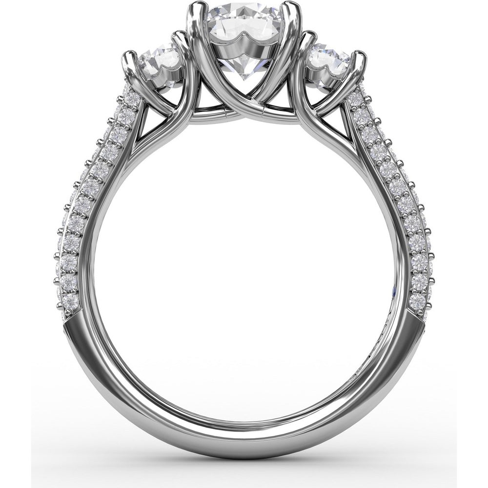 Three-Stone Round Diamond Engagement Ring Setting with Pavé Band - 0.73 Carat Total Side Stone Weight by Fana