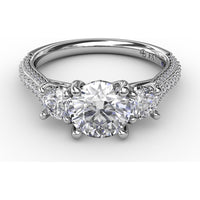 Three-Stone Round Diamond Engagement Ring Setting with Pavé Band - 0.73 Carat Total Side Stone Weight by Fana