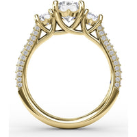 Three-Stone Round Diamond Engagement Ring Setting with Pavé Band - 0.73 Carat Total Side Stone Weight by Fana