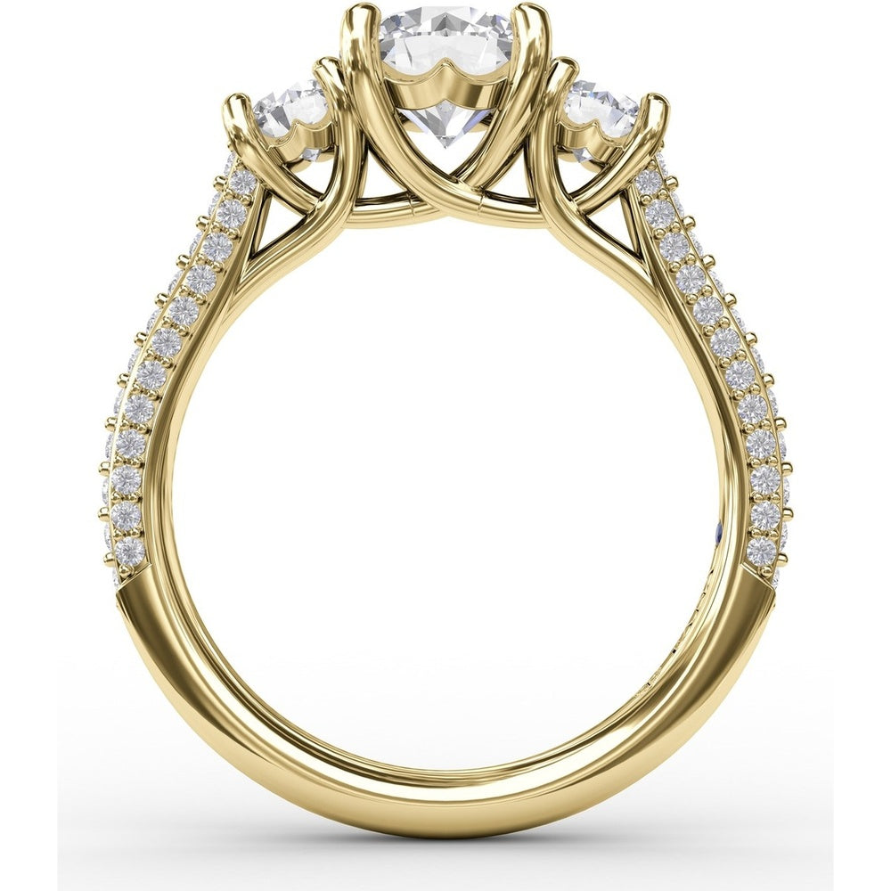 Three-Stone Round Diamond Engagement Ring Setting with Pavé Band - 0.73 Carat Total Side Stone Weight by Fana