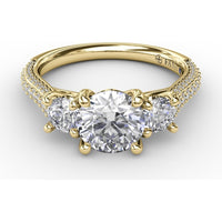 Three-Stone Round Diamond Engagement Ring Setting with Pavé Band - 0.73 Carat Total Side Stone Weight by Fana