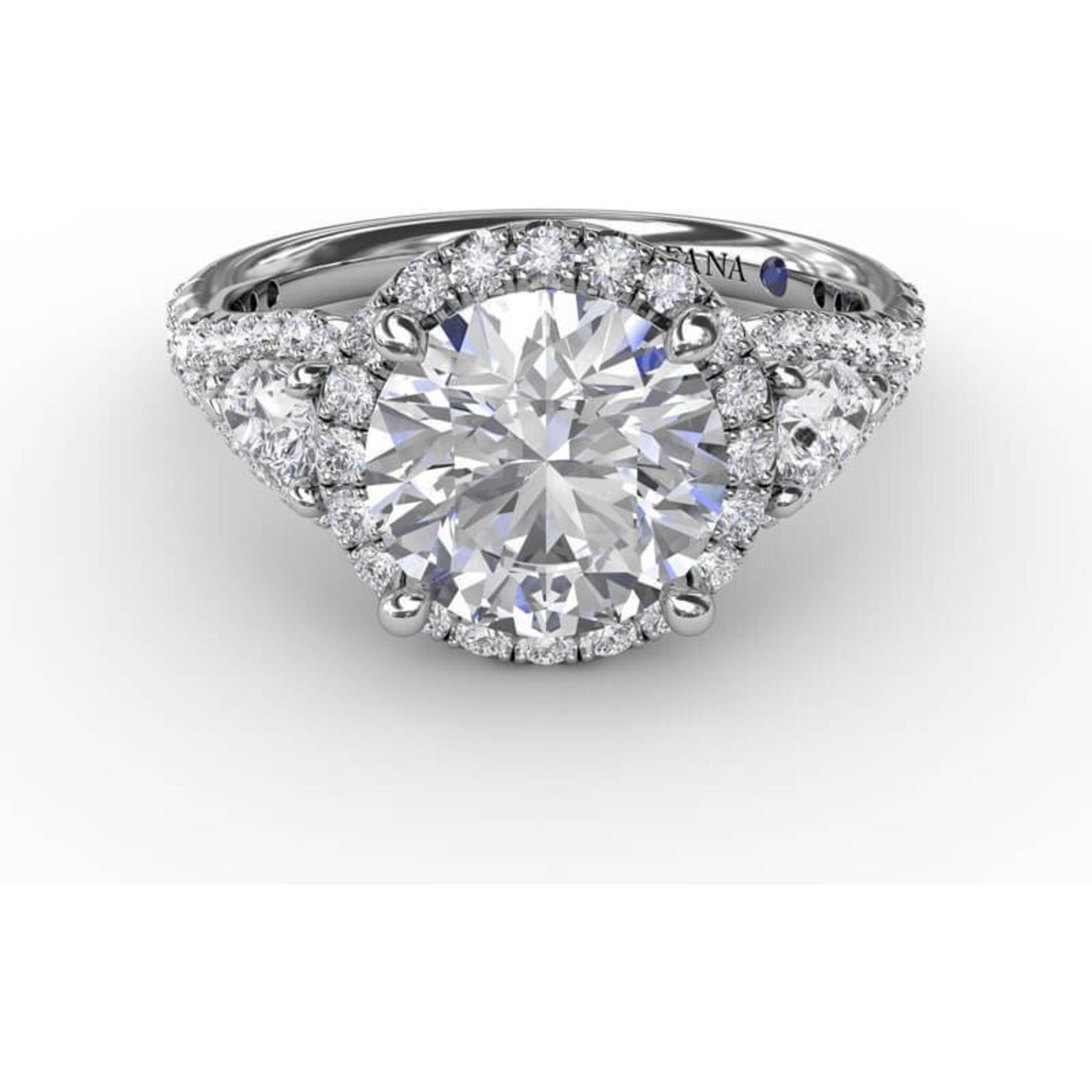 Fana Three Stone Round Diamond Halo Engagement Ring
