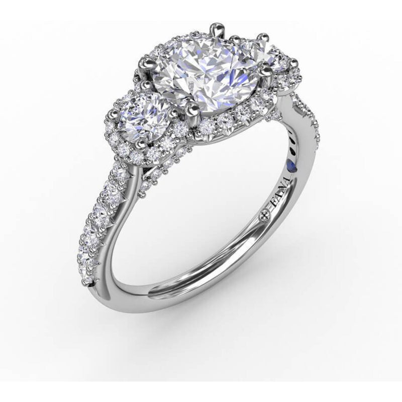 Fana Three-Stone Round Diamond Halo Engagement Ring