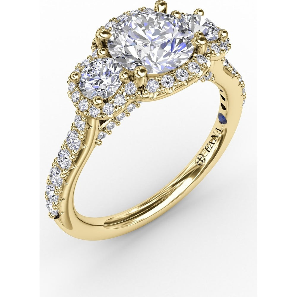 Three-Stone Round Diamond Halo Engagement Ring Setting with Pavé Band - 0.78 Carat Total Side Stone Weight by Fana