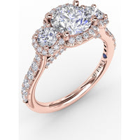Three-Stone Round Diamond Halo Engagement Ring Setting with Pavé Band - 0.78 Carat Total Side Stone Weight by Fana