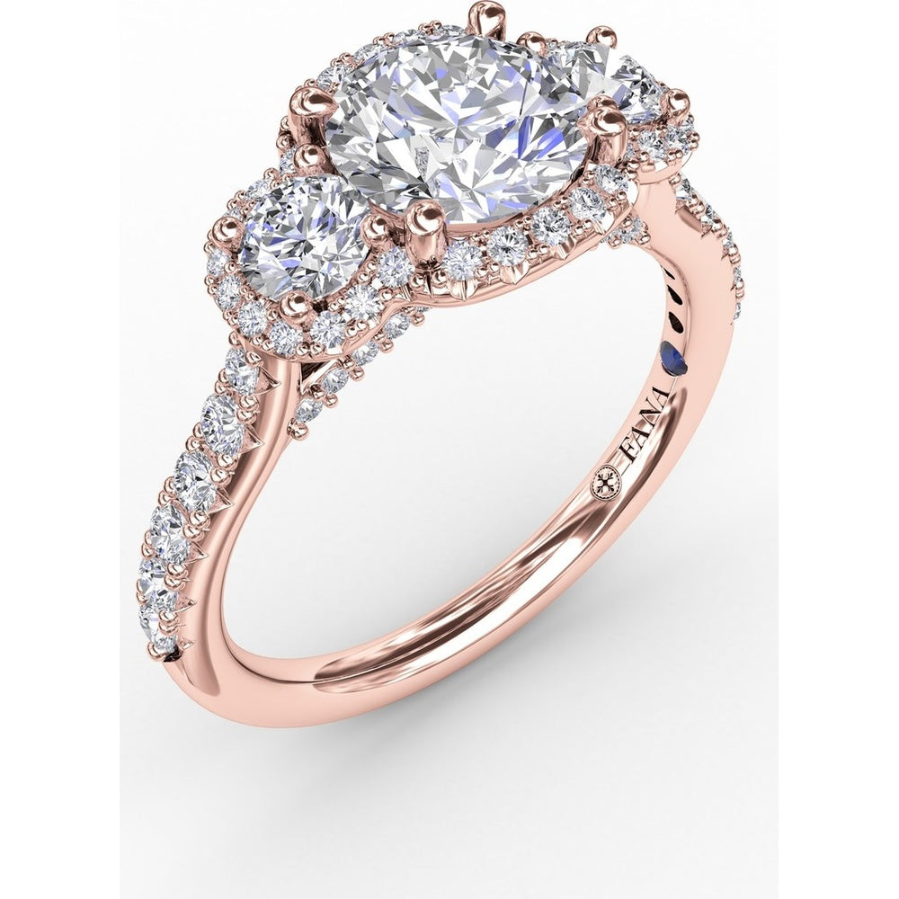 Three-Stone Round Diamond Halo Engagement Ring Setting with Pavé Band - 0.78 Carat Total Side Stone Weight by Fana