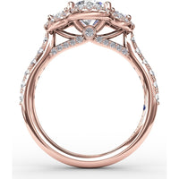 Three-Stone Round Diamond Halo Engagement Ring Setting with Pavé Band - 0.78 Carat Total Side Stone Weight by Fana