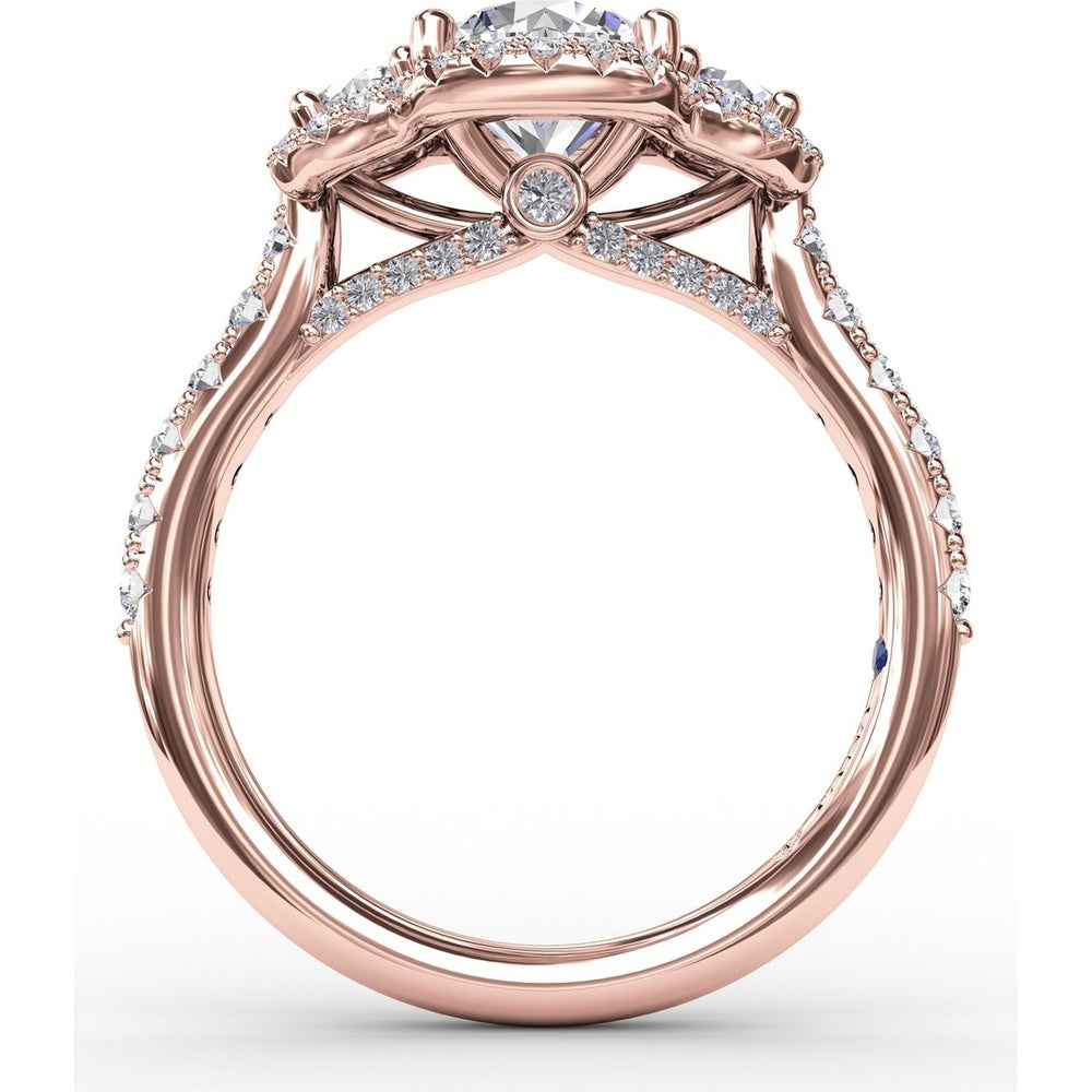 Three-Stone Round Diamond Halo Engagement Ring Setting with Pavé Band - 0.78 Carat Total Side Stone Weight by Fana