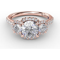 Three-Stone Round Diamond Halo Engagement Ring Setting with Pavé Band - 0.78 Carat Total Side Stone Weight by Fana