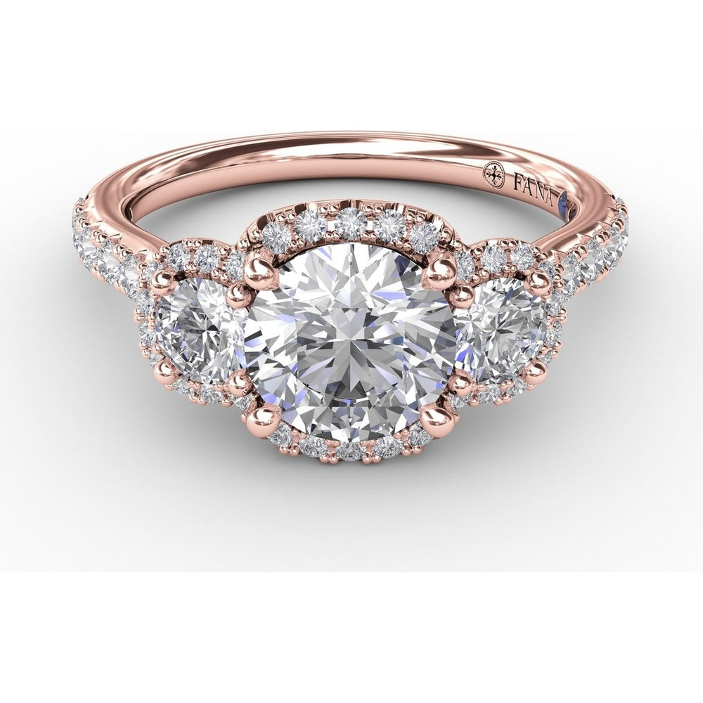 Three-Stone Round Diamond Halo Engagement Ring Setting with Pavé Band - 0.78 Carat Total Side Stone Weight by Fana