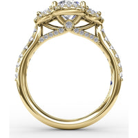 Three-Stone Round Diamond Halo Engagement Ring Setting with Pavé Band - 0.78 Carat Total Side Stone Weight by Fana