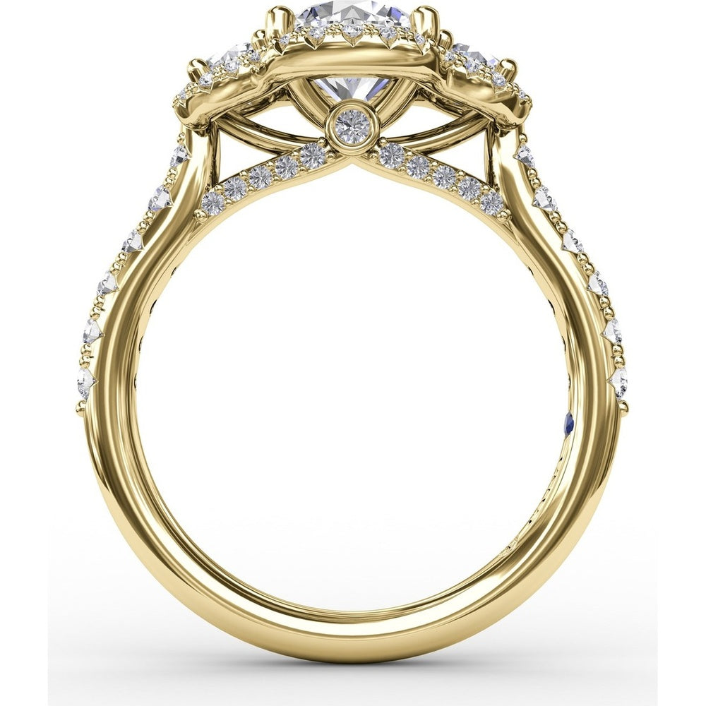 Three-Stone Round Diamond Halo Engagement Ring Setting with Pavé Band - 0.78 Carat Total Side Stone Weight by Fana