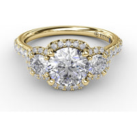 Three-Stone Round Diamond Halo Engagement Ring Setting with Pavé Band - 0.78 Carat Total Side Stone Weight by Fana